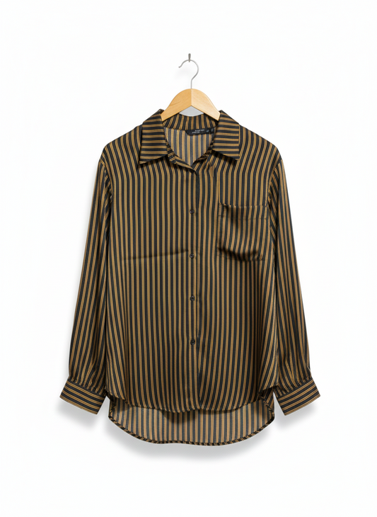 ZARA WOMAN |XS| BUST 21| WOMEN’S BLACK AND TAN VERTICAL STRIPED BUTTON-DOWN SHIRT