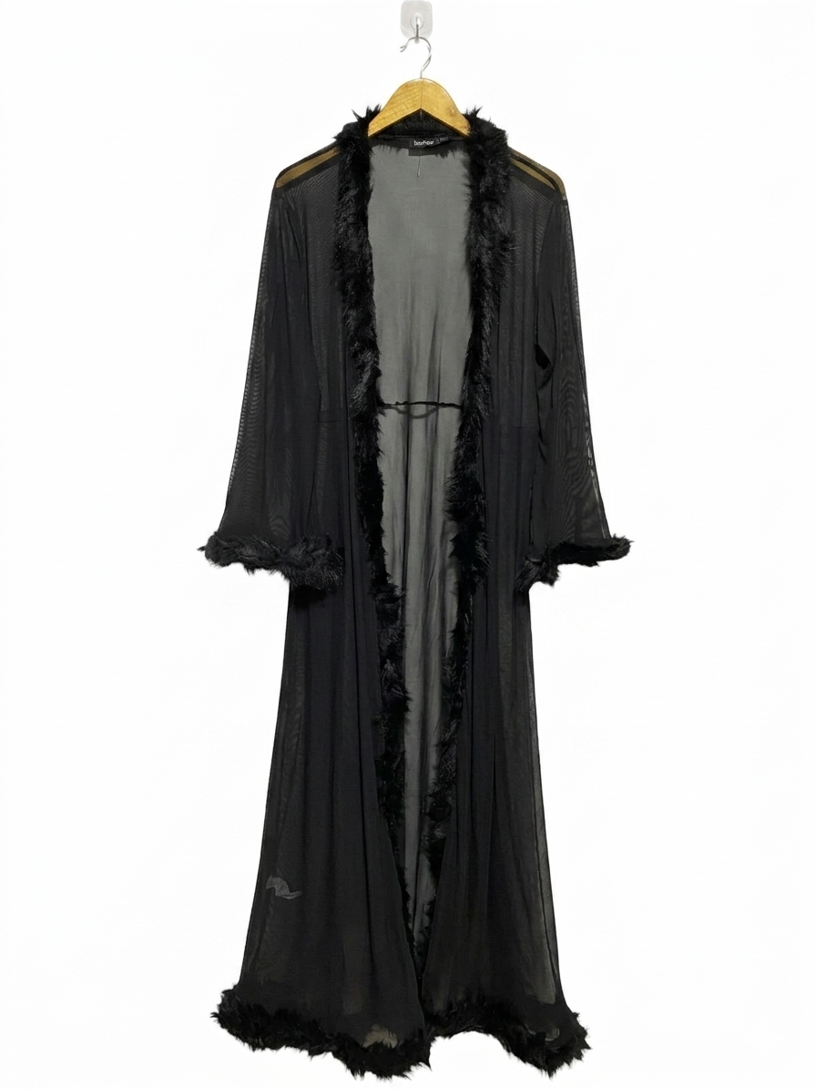 BOOHOO |M| BUST 19| B21| BLACK SHEER MESH MAXI ROBE WITH GLAMOROUS FAUX FUR TRIMMING