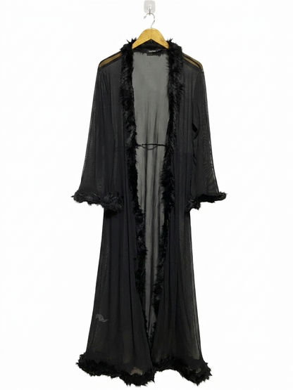 BOOHOO |M| BUST 19| B21| BLACK SHEER MESH MAXI ROBE WITH GLAMOROUS FAUX FUR TRIMMING