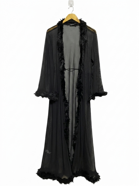 BOOHOO |M| BUST 19| B21| BLACK SHEER MESH MAXI ROBE WITH GLAMOROUS FAUX FUR TRIMMING