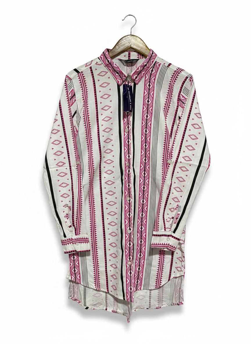 MAS COLLECTION |L| BUST 20| PINK ETHNIC PRINT HI-LOW SHIRT DRESS