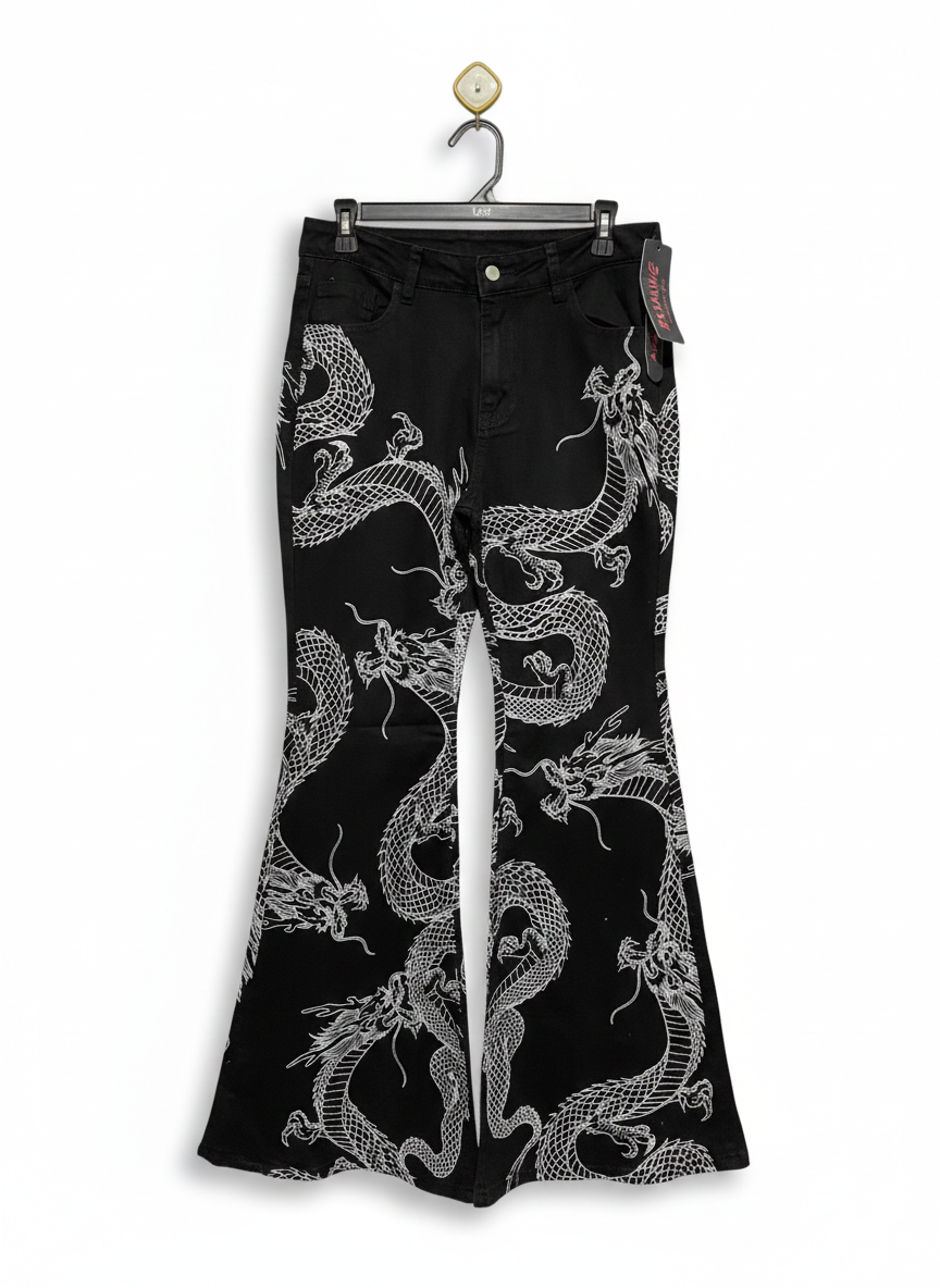 ROMWE |L| WAIST 32| MYTHIC DRAGON PRINT FLARE JEANS