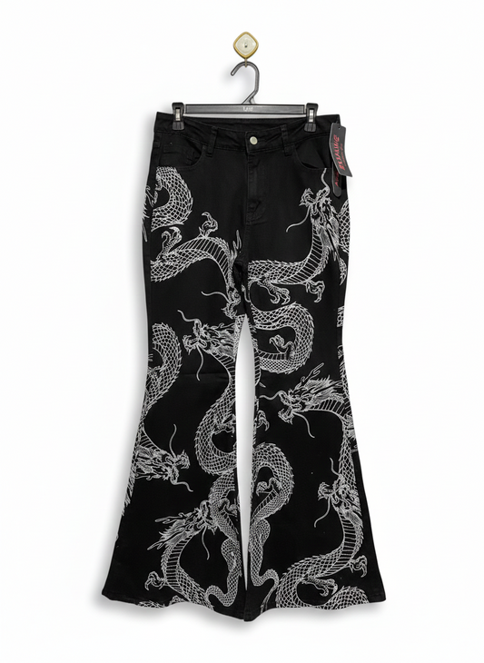 ROMWE |L| WAIST 32| MYTHIC DRAGON PRINT FLARE JEANS