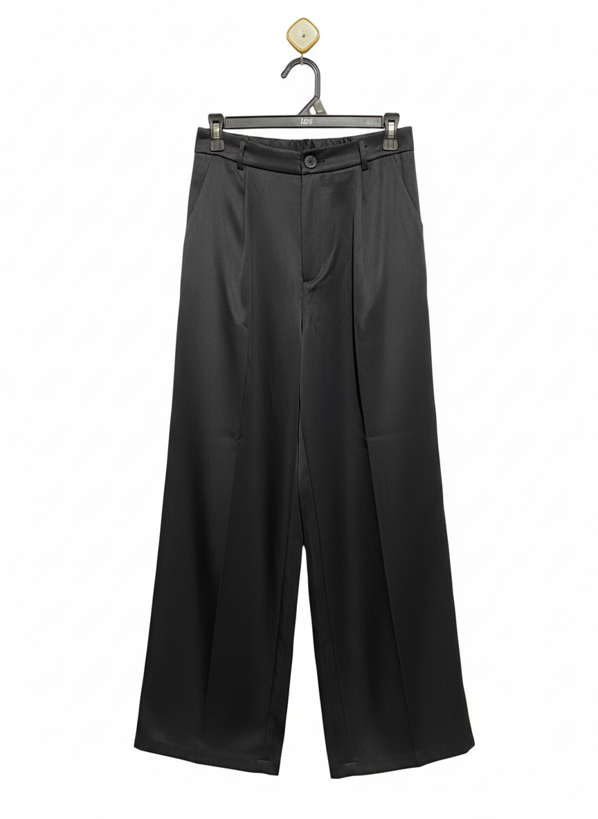 SHEIN |M| WAIST 26| WOMEN'S HIGH-WAISTED WIDE-LEG PLEATED TROUSERS - NOIR SATIN BLACK
