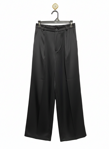 SHEIN |M| WAIST 26| WOMEN'S HIGH-WAISTED WIDE-LEG PLEATED TROUSERS - NOIR SATIN BLACK