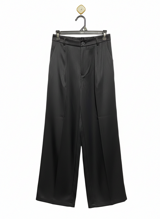 SHEIN |M| WAIST 26| WOMEN'S HIGH-WAISTED WIDE-LEG PLEATED TROUSERS - NOIR SATIN BLACK