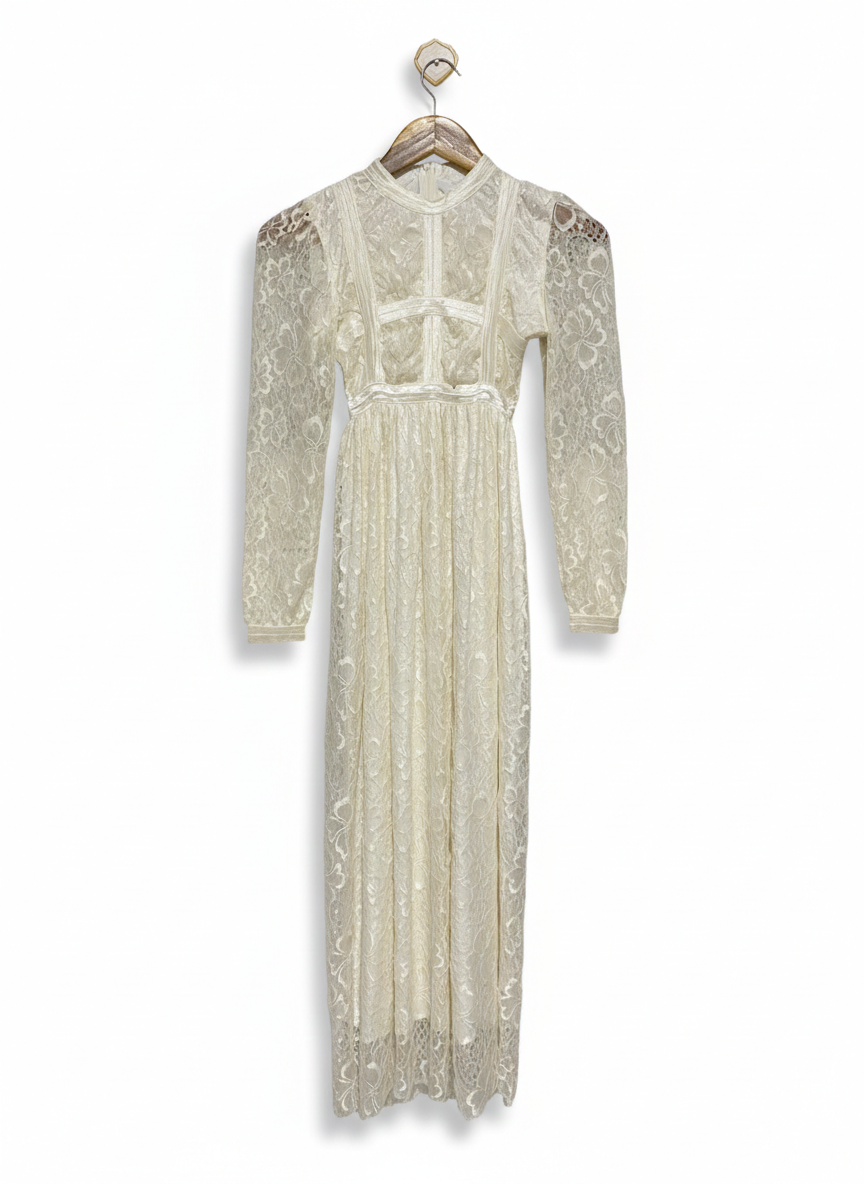 IVORY FLORAL LACE VINTAGE MAXI DRESS |S| BUST 14|