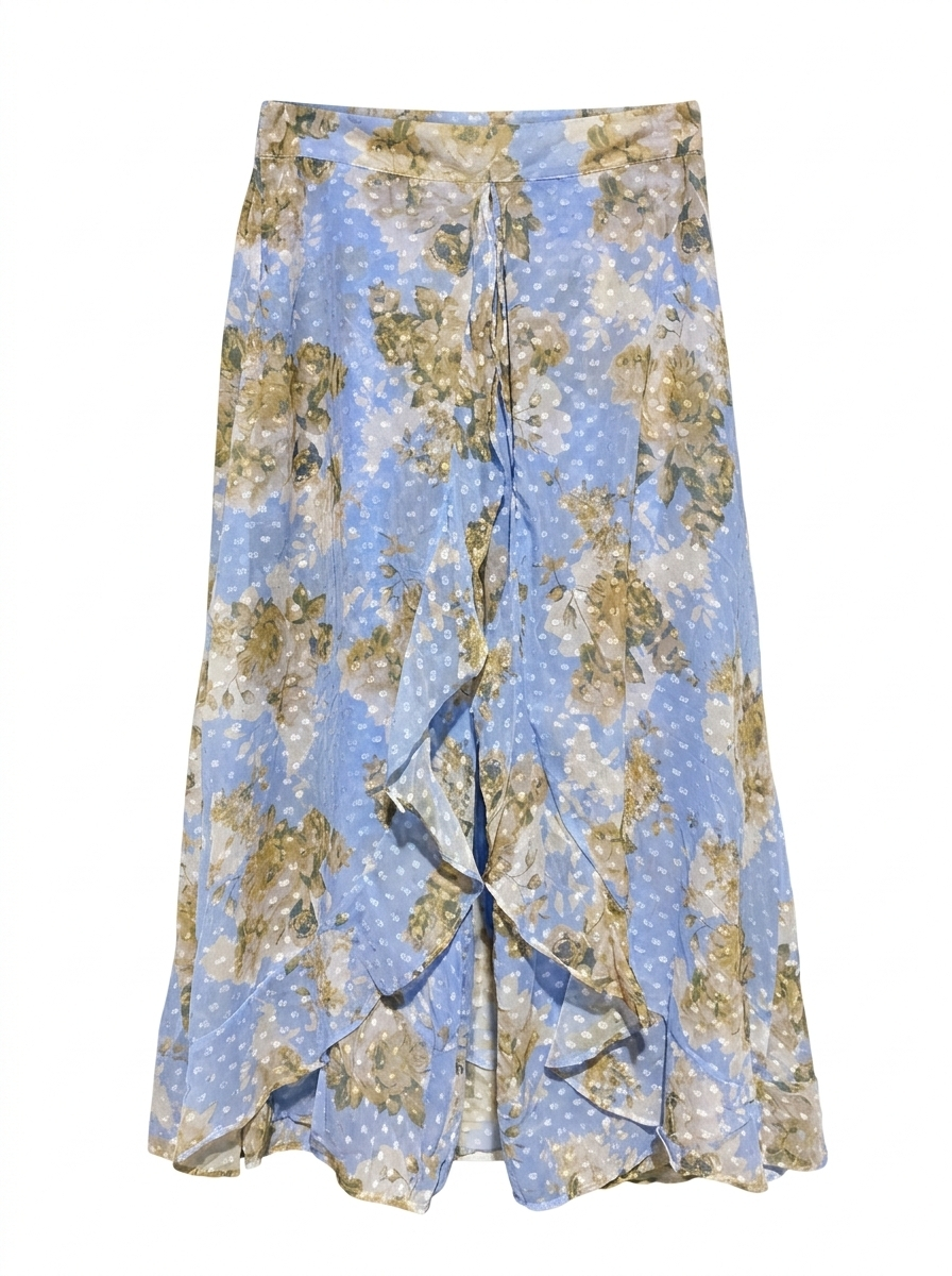 FASHION |M| WAIST 28| C6| LIGHT BLUE FLORAL RUFFLE MIDI SKIRT