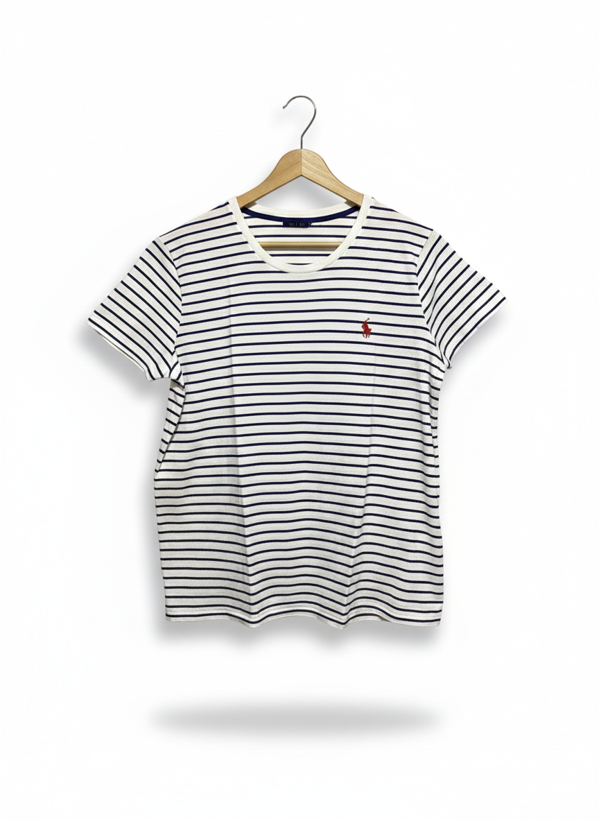 RALPH LAUREN |L| BUST 20|B1| WOMEN’S STRIPED COTTON TEE – CLASSIC NAVY AND WHITE BRETON STRIPE WITH RED PONY LOGO