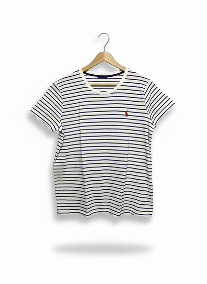RALPH LAUREN |L| BUST 20|B1| WOMEN’S STRIPED COTTON TEE – CLASSIC NAVY AND WHITE BRETON STRIPE WITH RED PONY LOGO