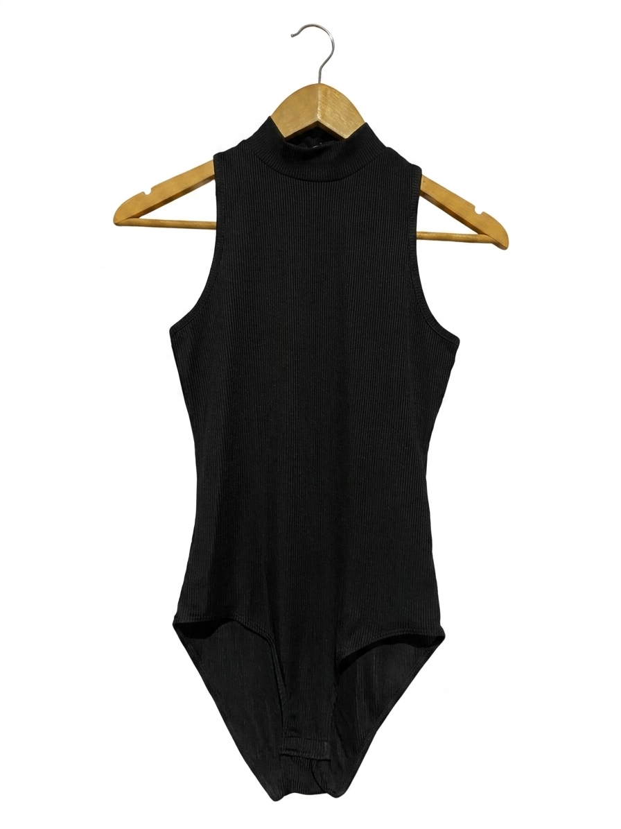 PAPAYA |S|BUST 14| B22| SLEEK BLACK RIBBED HIGH-NECK SLEEVELESS BODYSUIT