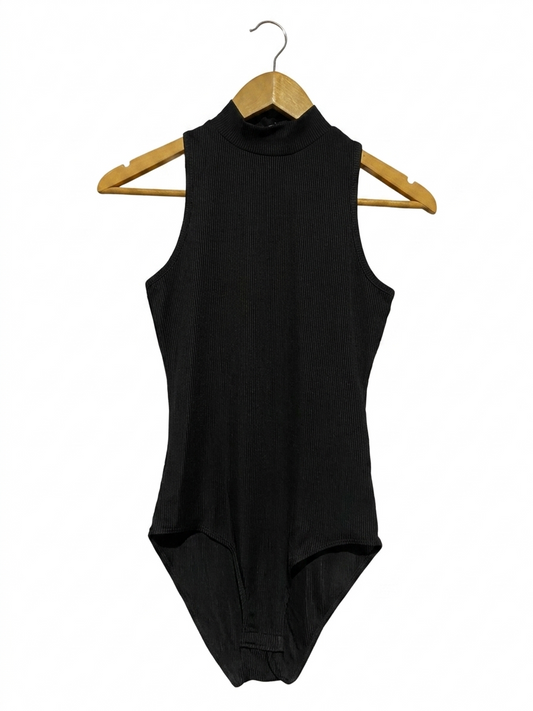PAPAYA |S|BUST 14| B22| SLEEK BLACK RIBBED HIGH-NECK SLEEVELESS BODYSUIT