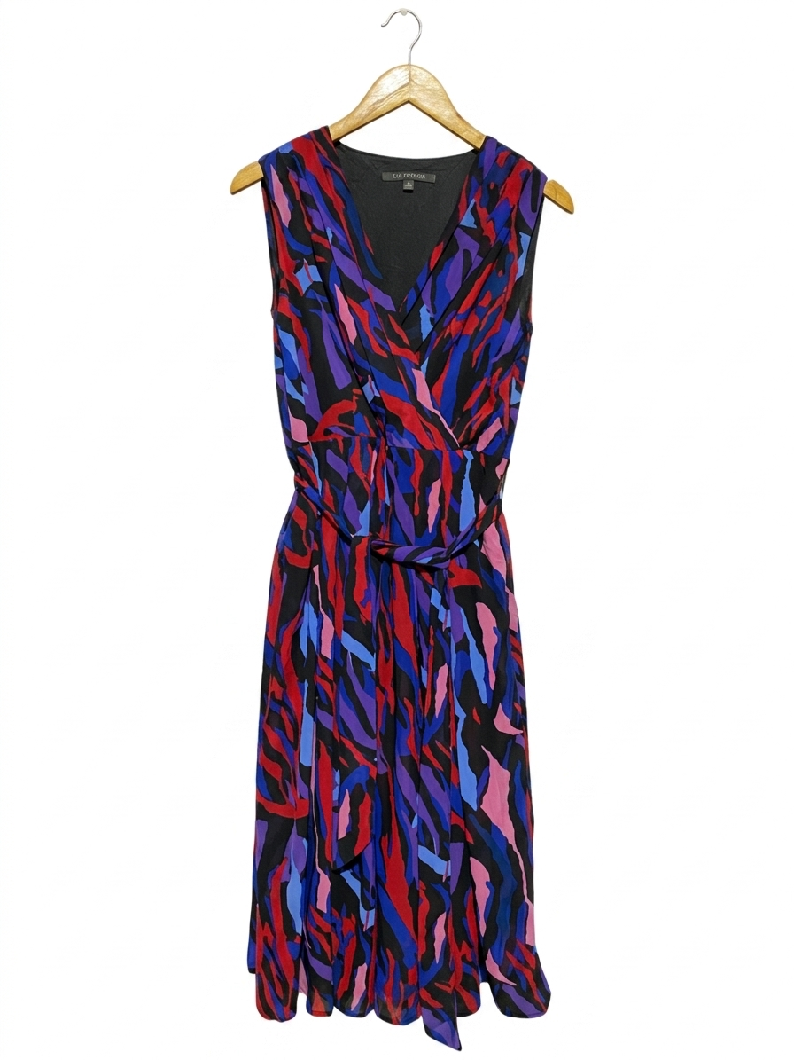 LIZ JORDAN | S| BUST 16| B11| SLEEVELESS V-NECK ABSTRACT PRINT MIDI DRESS WITH WAIST TIE