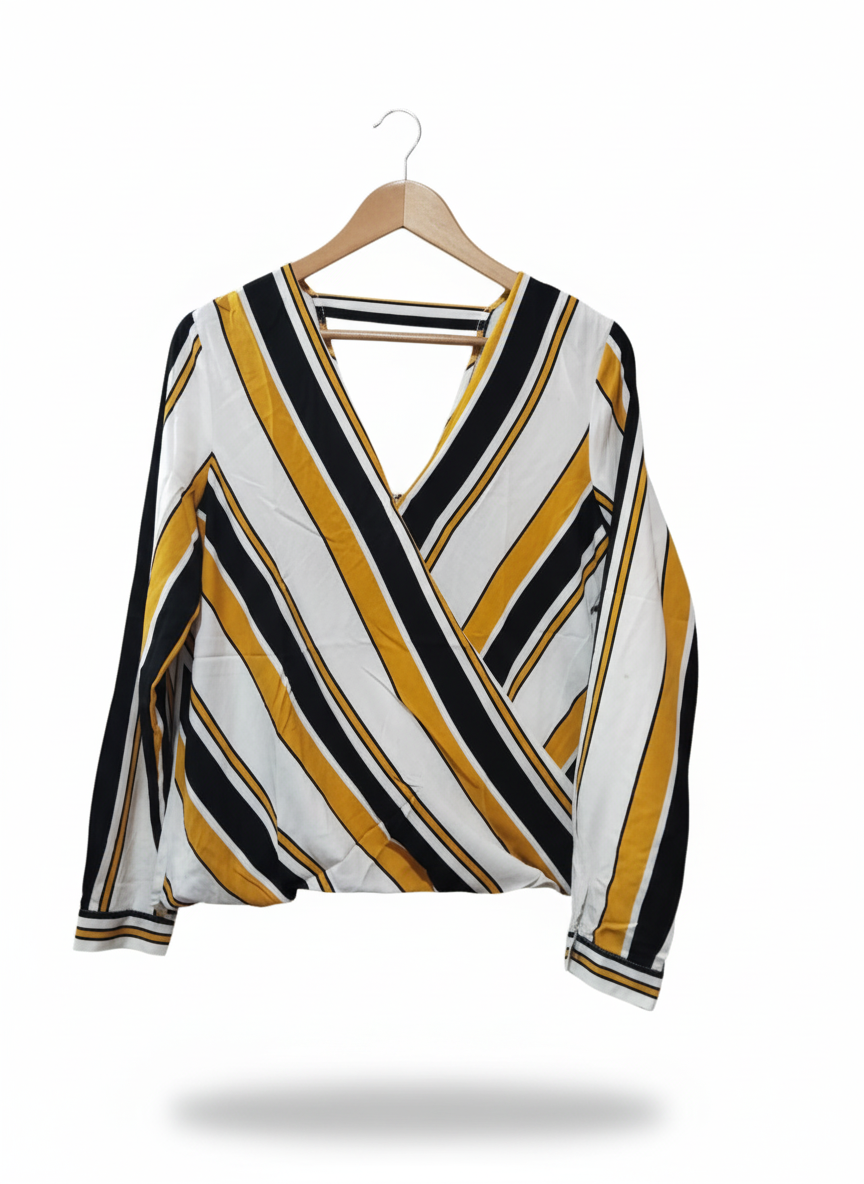 GEORGE Yellow, Black, And White Striped Wrap Blouse
