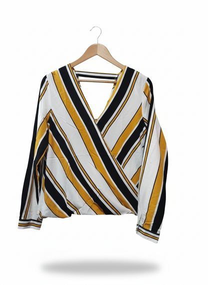 GEORGE Yellow, Black, And White Striped Wrap Blouse