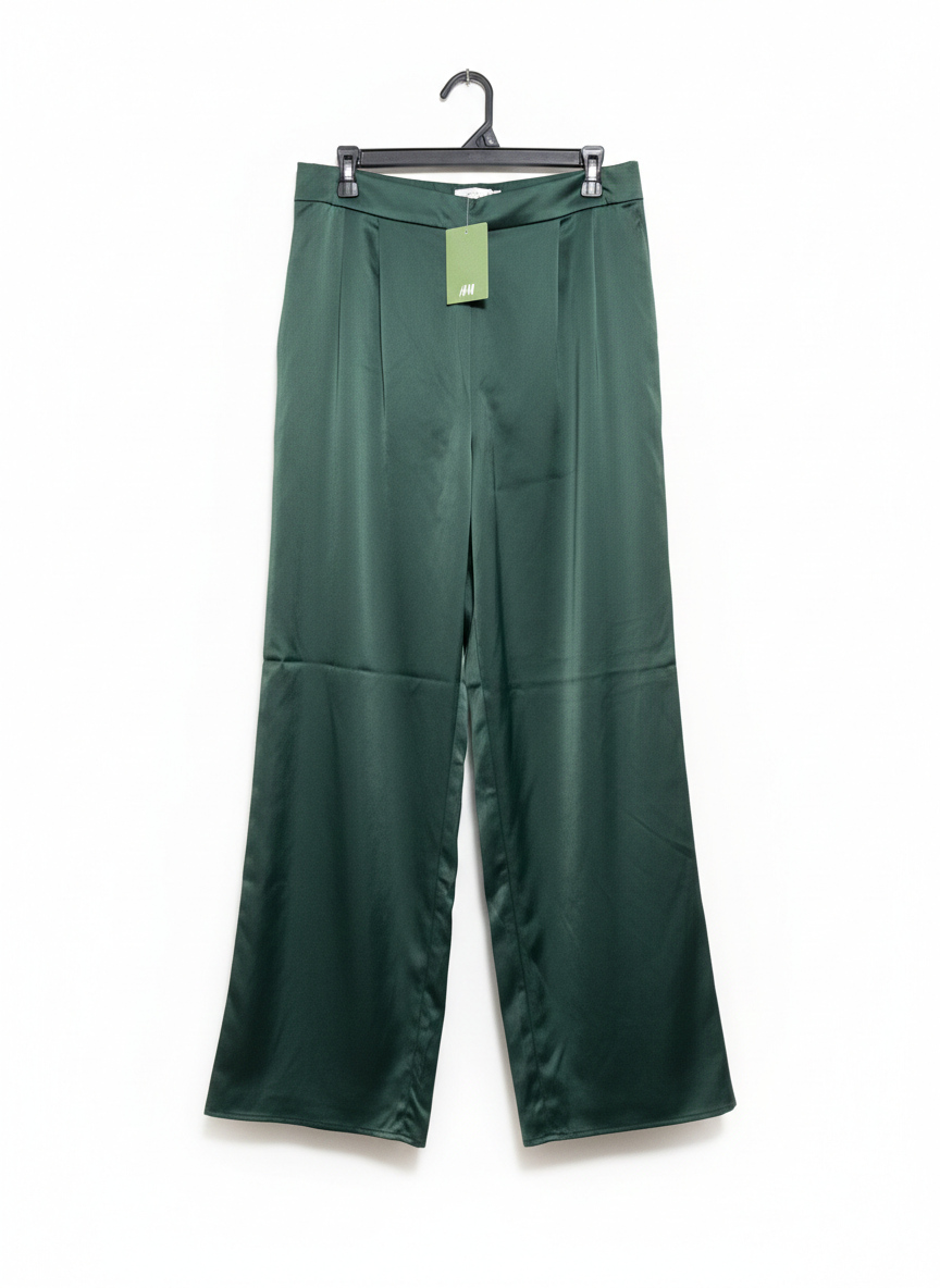 H&M |XL| WAIST 32| EMERALD SATIN HIGH-WAIST WIDE-LEG TROUSERS