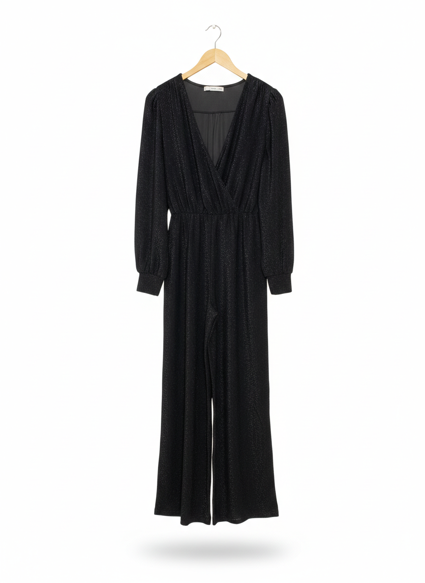 MNG |M| BUST 17| WOMEN'S SHIMMERING BLACK LONG SLEEVE V-NECK JUMPSUIT WITH WIDE-LEG SILHOUETTE