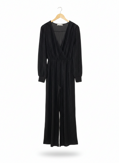 MNG |M| BUST 17| WOMEN'S SHIMMERING BLACK LONG SLEEVE V-NECK JUMPSUIT WITH WIDE-LEG SILHOUETTE