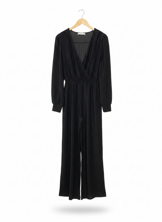MNG |M| BUST 17| WOMEN'S SHIMMERING BLACK LONG SLEEVE V-NECK JUMPSUIT WITH WIDE-LEG SILHOUETTE