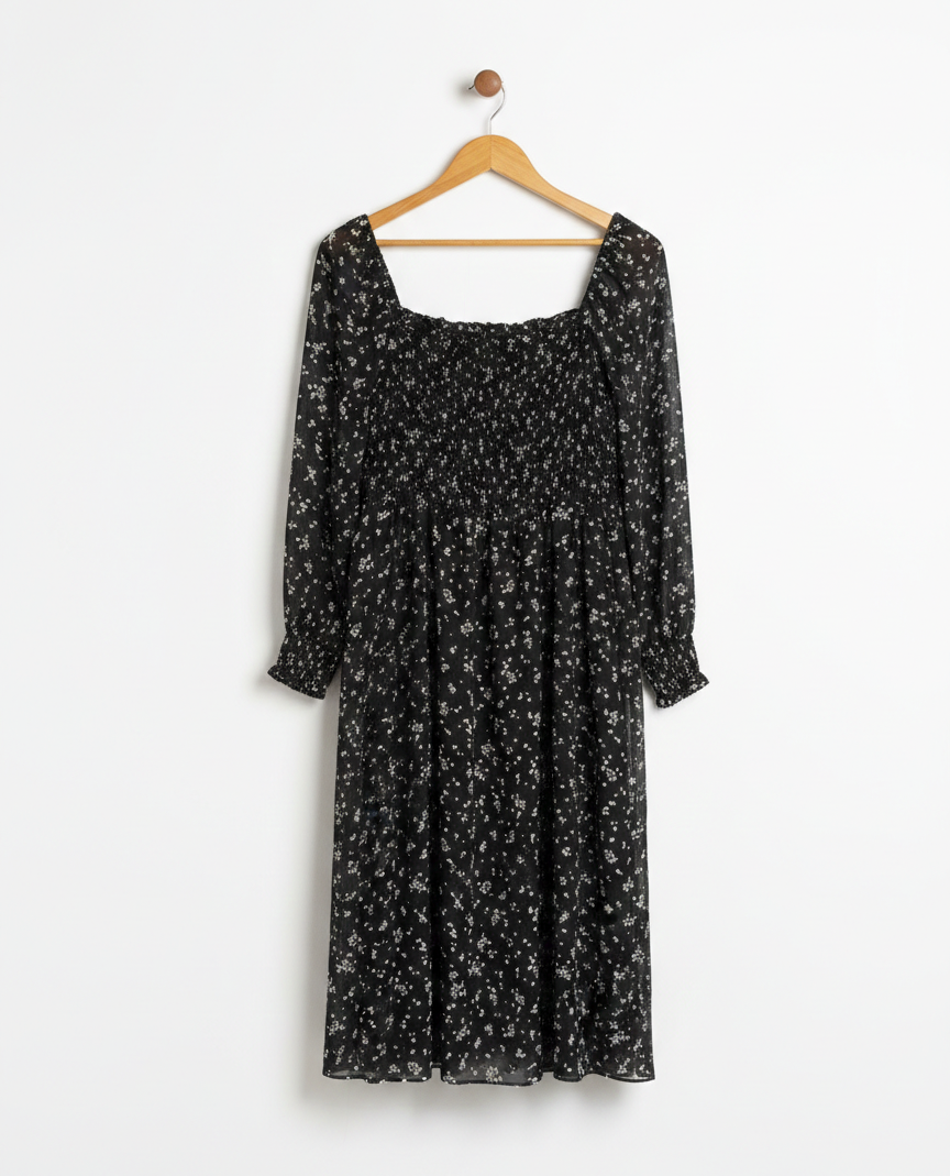FOREVER NEW |XL| BUST 18| WOMEN’S BLACK FLORAL MIDI DRESS – SMOCKED BODICE WITH SQUARE NECKLINE AND LONG SHEER SLEEVES