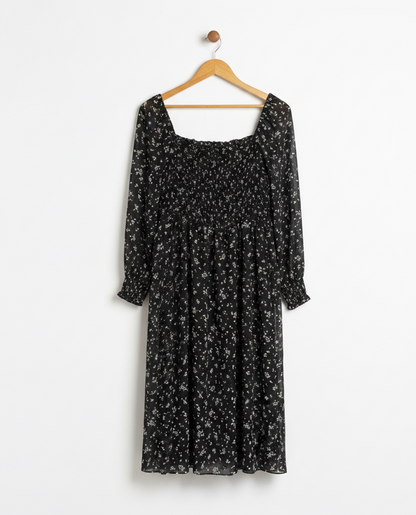 FOREVER NEW |XL| BUST 18| WOMEN’S BLACK FLORAL MIDI DRESS – SMOCKED BODICE WITH SQUARE NECKLINE AND LONG SHEER SLEEVES
