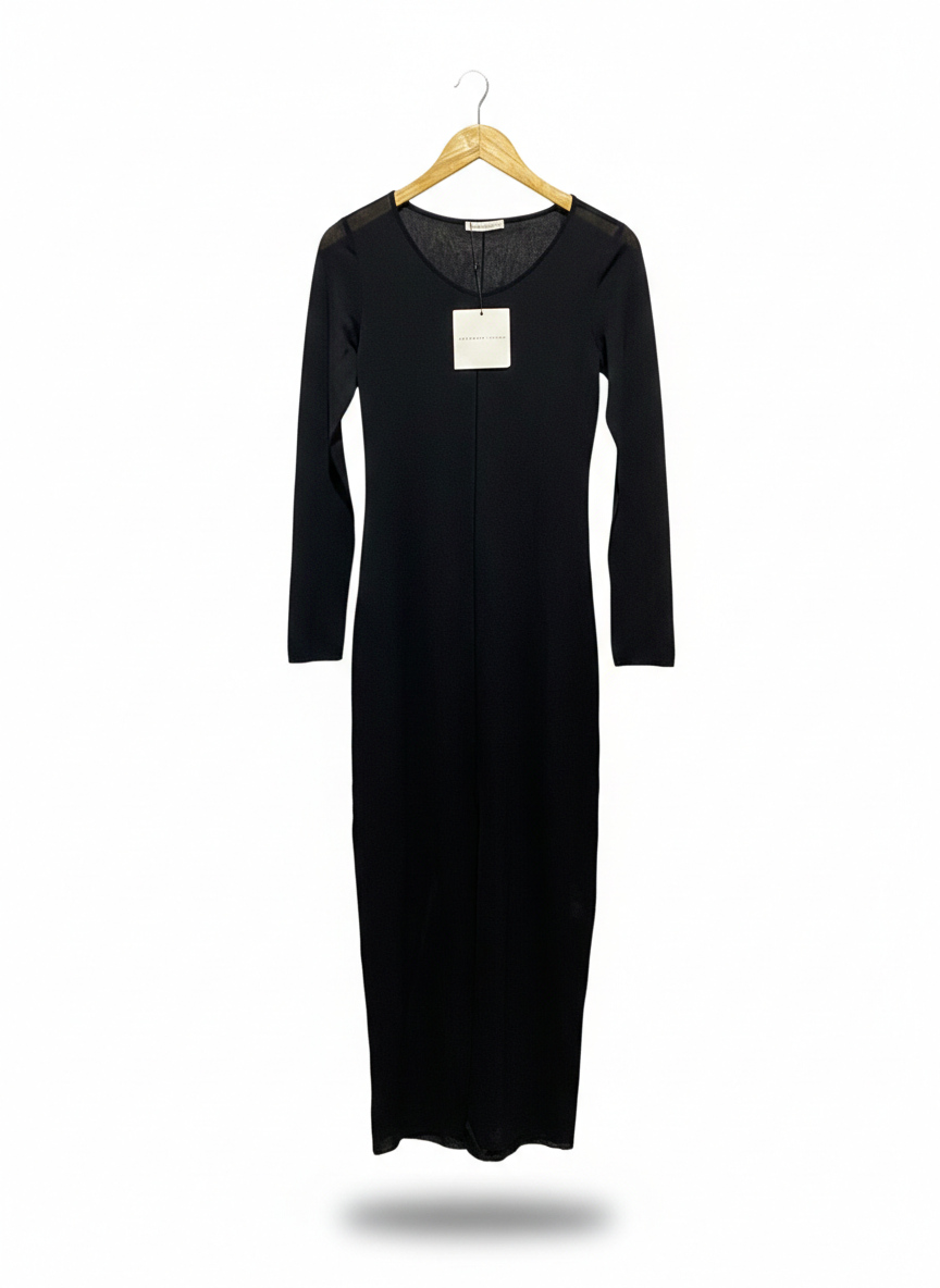 CHOSEN BY TUCHUZY |S| BUST 15| C5| ELEGANT BLACK LONG-SLEEVE MAXI DRESS – SLEEK FORM-FITTING RIBBED KNIT GOWN WITH SCOOP NECK