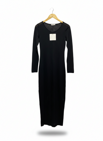 CHOSEN BY TUCHUZY |S| BUST 15| C5| ELEGANT BLACK LONG-SLEEVE MAXI DRESS – SLEEK FORM-FITTING RIBBED KNIT GOWN WITH SCOOP NECK