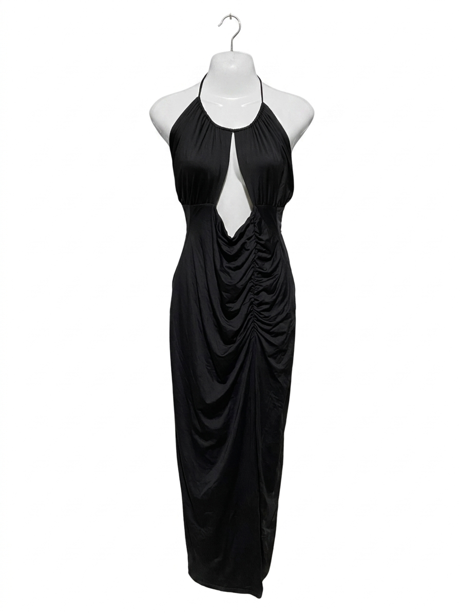 HEY/FUSSY | L| BUST 14| B11| ELEGANT BLACK HALTER NECK RUCHED MAXI DRESS WITH FRONT CUT-OUT DETAIL