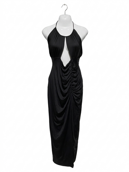 HEY/FUSSY | L| BUST 14| B11| ELEGANT BLACK HALTER NECK RUCHED MAXI DRESS WITH FRONT CUT-OUT DETAIL