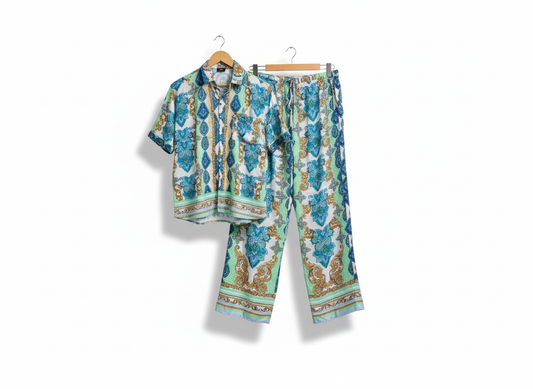 RIVER ISLAND Baroque Print Satin Pyjama Set - Shirt & Wide Leg Trousers