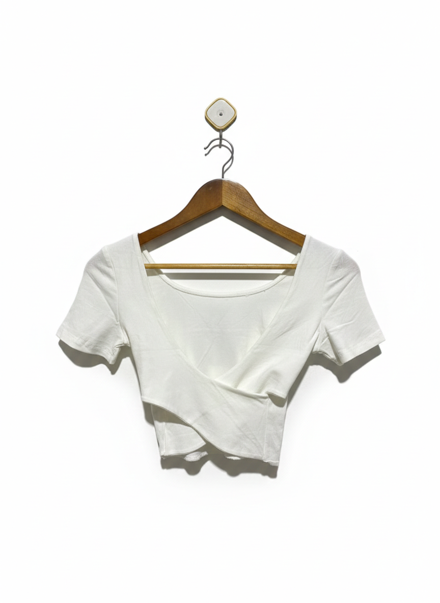 Criss-Cross Wrap Front|S| BUST 13| White Short-Sleeve Crop Top