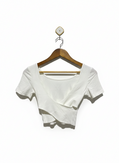 Criss-Cross Wrap Front|S| BUST 13| White Short-Sleeve Crop Top