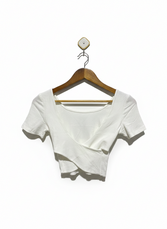 Criss-Cross Wrap Front|S| BUST 13| White Short-Sleeve Crop Top