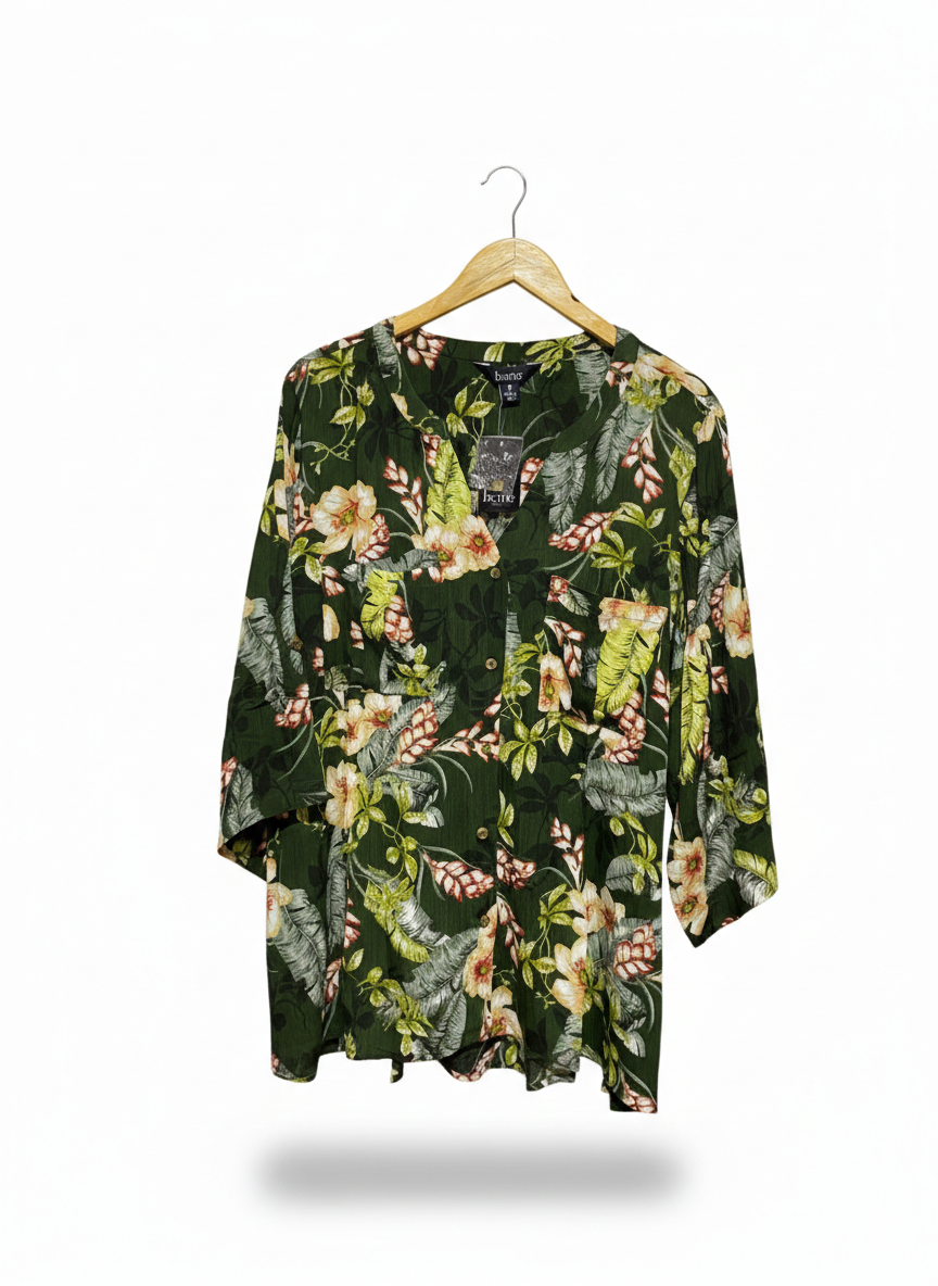BEME |L| BUST 26| OLIVE GREEN TROPICAL FLORAL BUTTON-FRONT BLOUSE