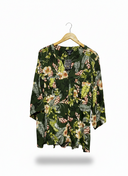 BEME |L| BUST 26| OLIVE GREEN TROPICAL FLORAL BUTTON-FRONT BLOUSE