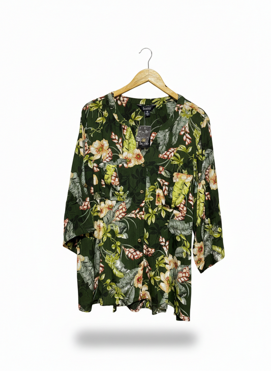BEME |L| BUST 26| C9| OLIVE GREEN TROPICAL FLORAL BUTTON-FRONT BLOUSE