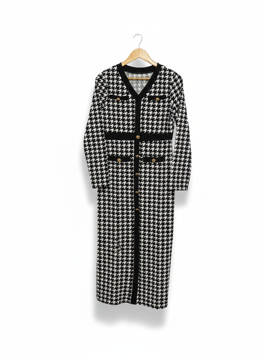 SHEIN |L| BUST 18| C3|  Black and White Houndstooth Midi Dress