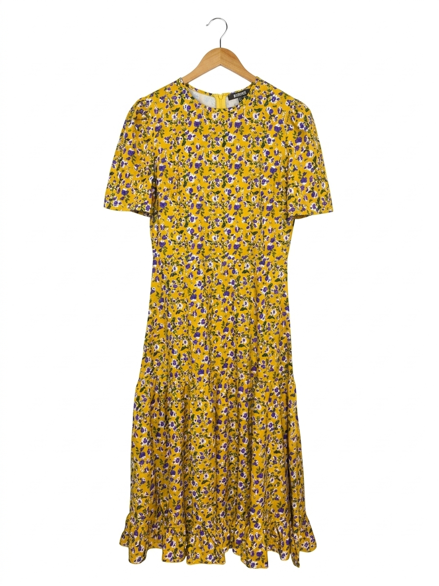 MISSGUIDED | S| BUST 18| B9| VIBRANT MUSTARD YELLOW FLORAL TIERED MIDI DRESS