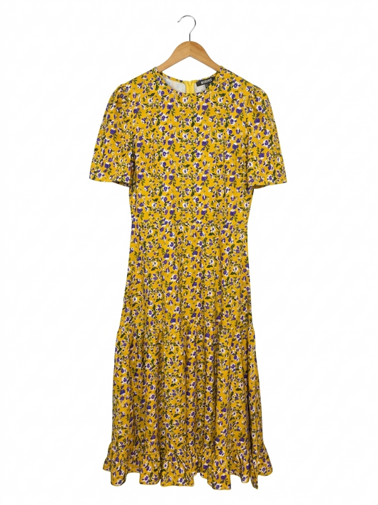 MISSGUIDED | S| BUST 18| B9| VIBRANT MUSTARD YELLOW FLORAL TIERED MIDI DRESS