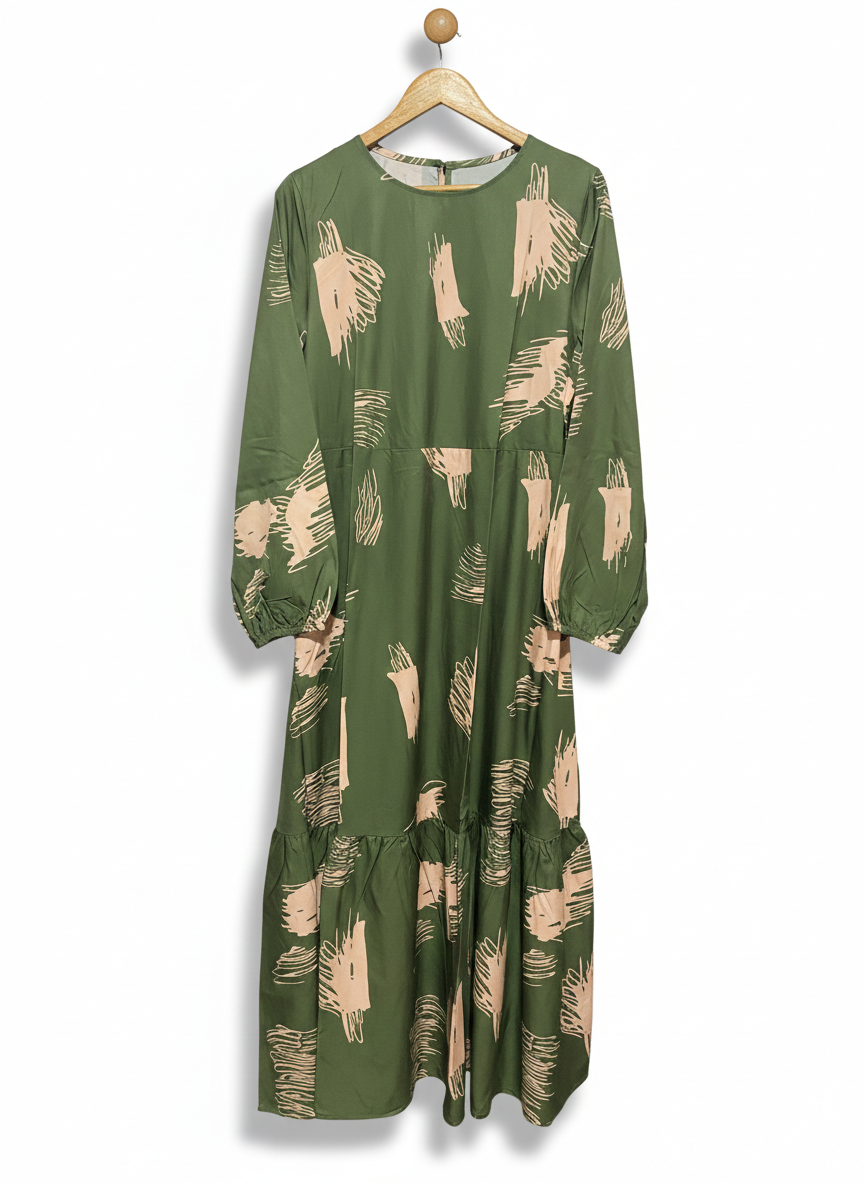 OLIVE GREEN ABSTRACT PRINT MAXI DRESS |L| BUST 18|
