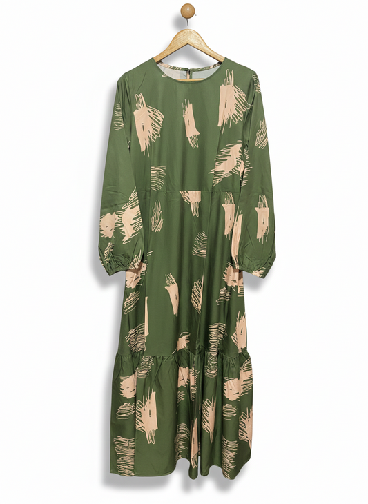 OLIVE GREEN ABSTRACT PRINT MAXI DRESS |L| BUST 18|
