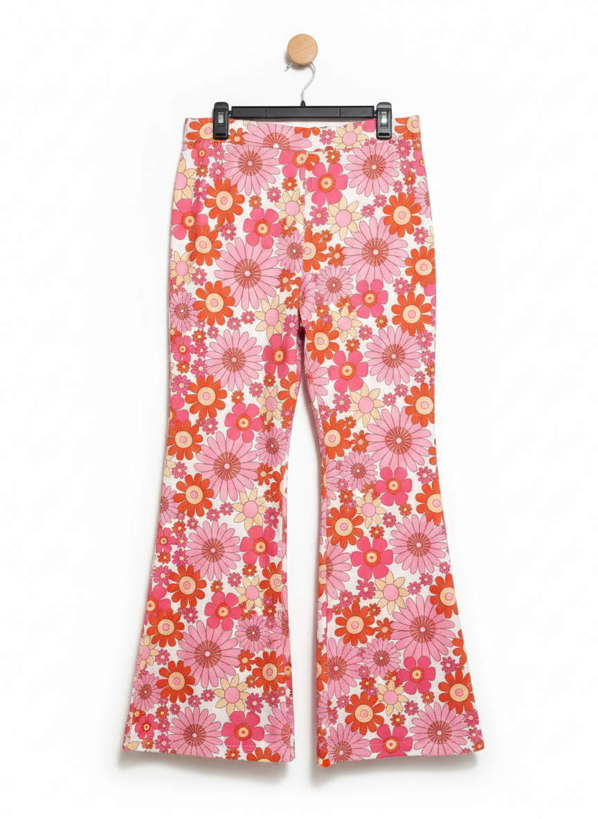VIBRANT PINK DAISY PRINT FLARE PANTS |XL| WAIST 31|