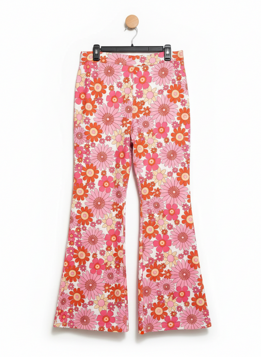 VIBRANT PINK DAISY PRINT FLARE PANTS |XL| WAIST 31|