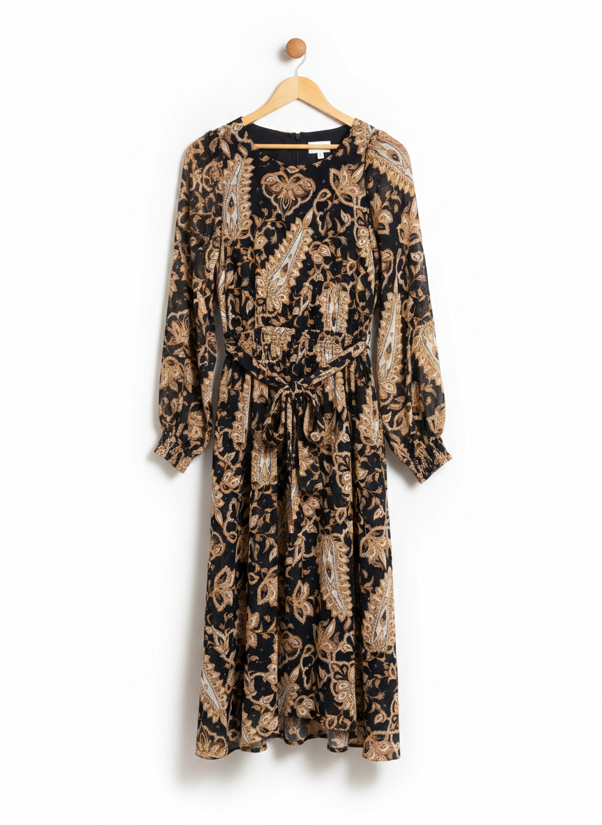 WITCHERY |M| BUST 16| C3|  BLACK FLORAL LONG-SLEEVE MAXI DRESS WITH RUFFLE DETAILS