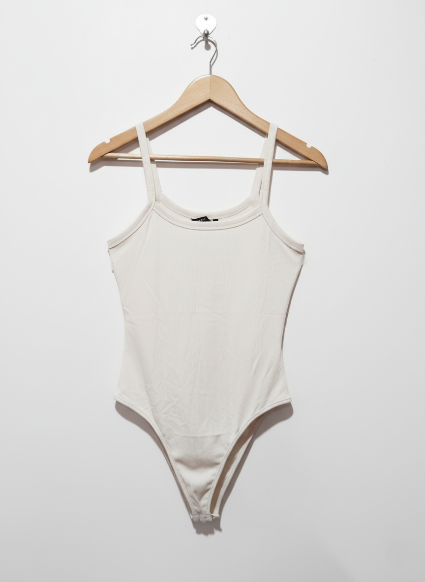 SHEIN White Ribbed Knit Bodysuit With Thin Straps