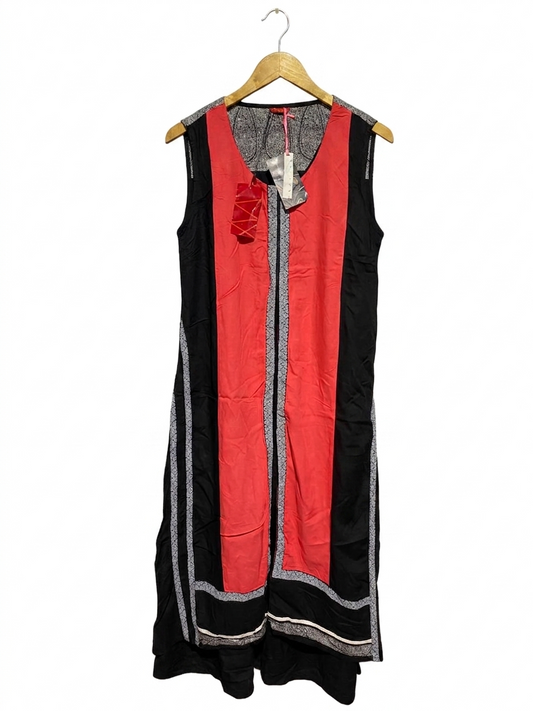 W |M| BUST 19| B23| ELEGANT TRICOLOR COLOR-BLOCK MAXI DRESS - BOLD CORAL, BLACK