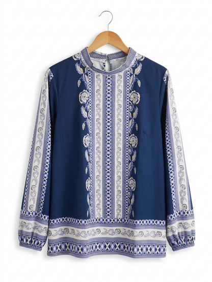 SHEIN CURVE |XL| BUST 25| B9| LUXE NAVY BOHO BORDER PRINT BLOUSE FOR WOMEN