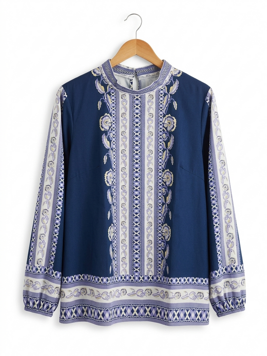 SHEIN CURVE |XL| BUST 25| B9| LUXE NAVY BOHO BORDER PRINT BLOUSE FOR WOMEN
