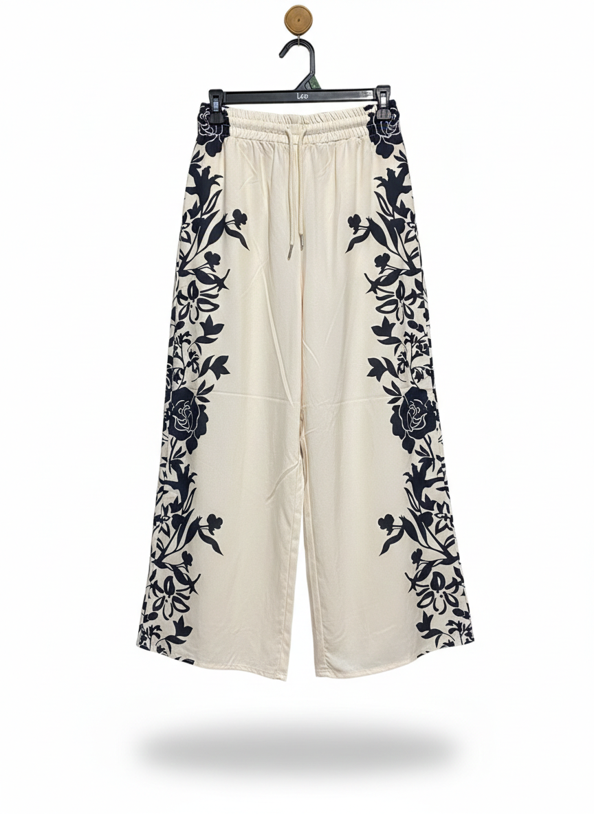 SHEIN |M| WAIST 26| WOMEN’S CREAM AND NAVY FLORAL BORDER-PRINT WIDE-LEG PANTS - BOHO DRAWSTRING TROUSERS