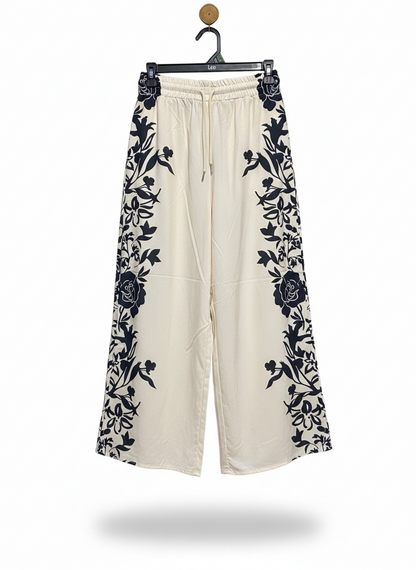 SHEIN |M| WAIST 26| WOMEN’S CREAM AND NAVY FLORAL BORDER-PRINT WIDE-LEG PANTS - BOHO DRAWSTRING TROUSERS